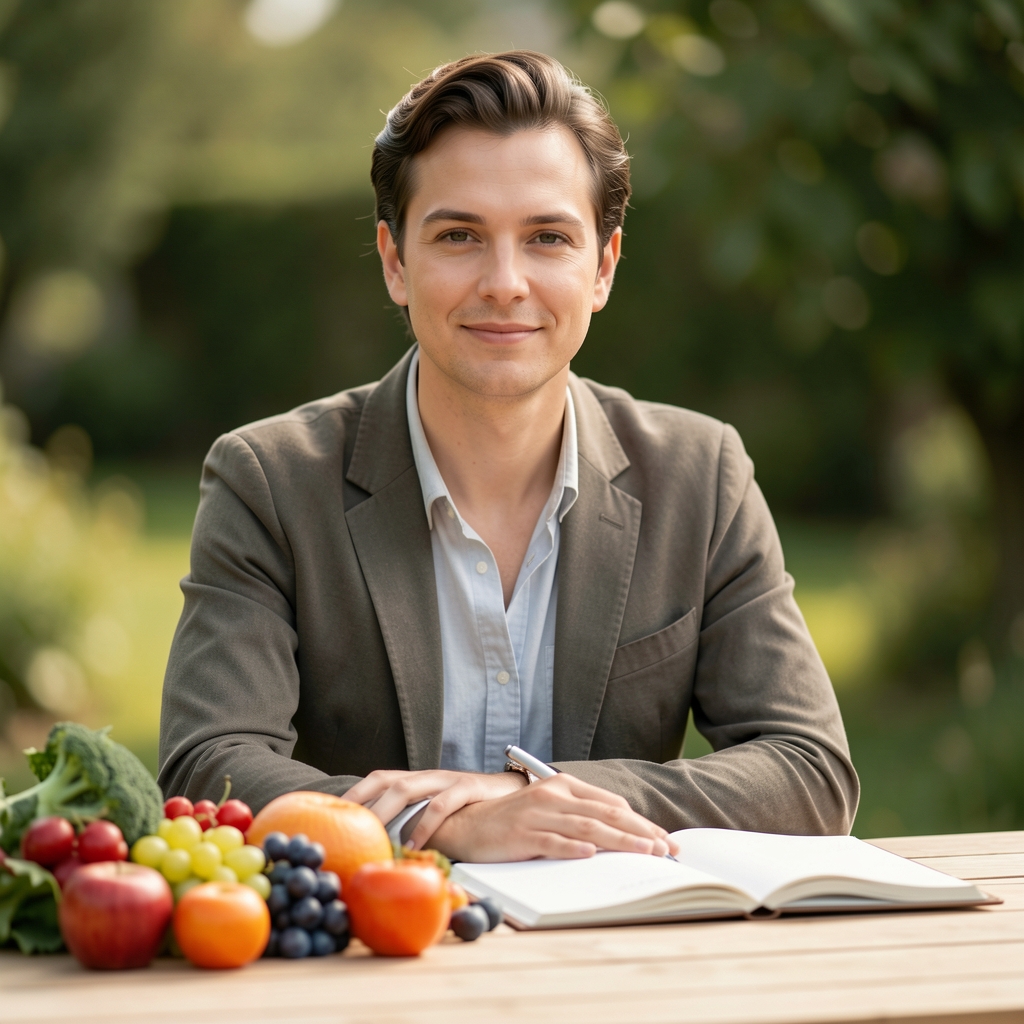 Breite Draufsicht auf hellen Holztisch mit verschiedenen frischen Obst- und Gemüsesorten sowie einem aufgeschlagenen Notizbuch, ruhige dokumentarische Stimmung