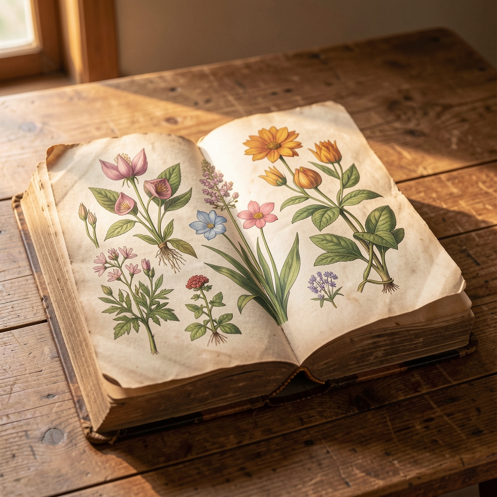 Altes historisches Buch mit botanischen Illustrationen von Gemüsepflanzen auf einem Holztisch, antike Buchseiten in warmem Licht