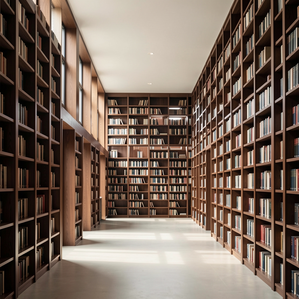 Große moderne europäische Bibliothek mit hohen Bücherregalen aus dunklem Holz und weichem Tageslicht durch hohe Fenster, menschenleer